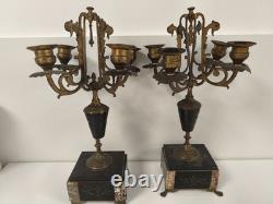 Paire chandeliers Napoléon III bronze doré marbre noir 4 feux volutes