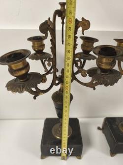 Paire chandeliers Napoléon III bronze doré marbre noir 4 feux volutes