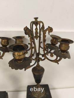 Paire chandeliers Napoléon III bronze doré marbre noir 4 feux volutes