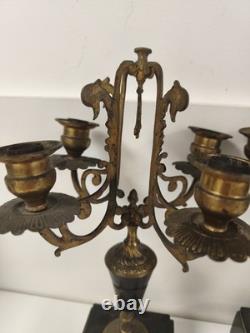 Paire chandeliers Napoléon III bronze doré marbre noir 4 feux volutes