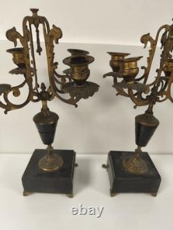 Paire chandeliers Napoléon III bronze doré marbre noir 4 feux volutes