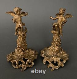 Paire d'angelots en bronze doré XIXe sur piétement rocaille Napoléon III H5264