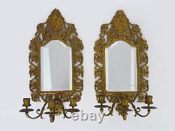 Paire d'appliques murales miroir biseauté 3 feux bronze doré style Napoléon III