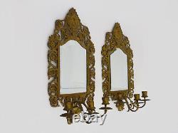 Paire d'appliques murales miroir biseauté 3 feux bronze doré style Napoléon III