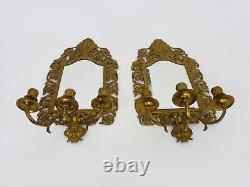 Paire d'appliques murales miroir biseauté 3 feux bronze doré style Napoléon III