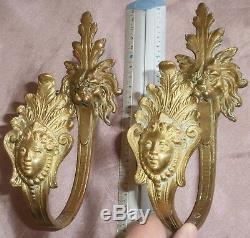 Paire d' embrases Napoléon III bronze doré Mascaron femme plume perle & lion