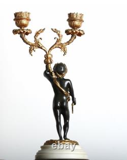 Paire de Bougeoirs chérubins en Bronze doré et Marbre Napoléon III