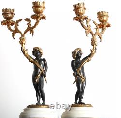 Paire de Bougeoirs chérubins en Bronze doré et Marbre Napoléon III