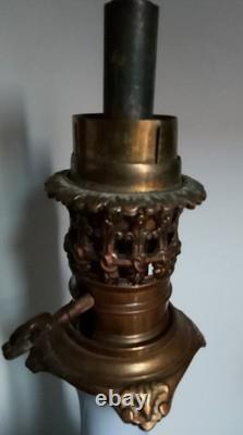 Paire de belles lampes à pétrole 19ème Napoléon III Faïence Bronze Laiton CA51
