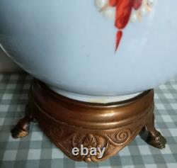 Paire de belles lampes à pétrole 19ème Napoléon III Faïence Bronze Laiton CA51