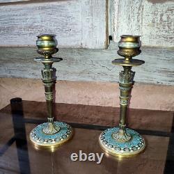 Paire de bougeoir bronze émaillé Napoleon III cloisonné Carquois