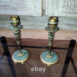 Paire de bougeoir bronze émaillé Napoleon III cloisonné Carquois