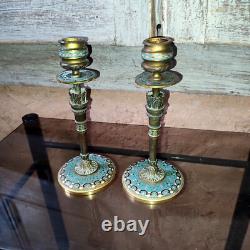 Paire de bougeoir bronze émaillé Napoleon III cloisonné Carquois