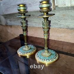 Paire de bougeoir bronze émaillé Napoleon III cloisonné Carquois