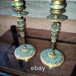 Paire de bougeoir bronze émaillé Napoleon III cloisonné Carquois