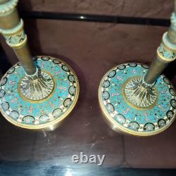 Paire de bougeoir bronze émaillé Napoleon III cloisonné Carquois