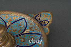 Paire de bougeoirs Napoléon III XIXe Bronze doré cloisonné Fond bleu H5049