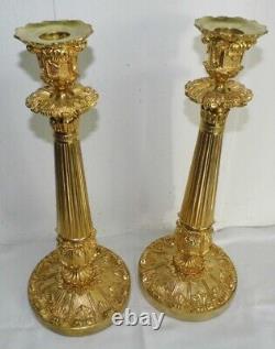 Paire de bougeoirs anciens (Kerzenhalter) bronze doré 33 cm