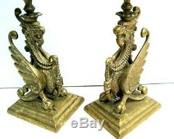 Paire de bougeoirs aux dragons ailées. Bronze ancien 19è Napoléon III 24 cm