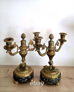 Paire de candélabres bronze XIXe Napoléon III -Marbre vert -Style Louis XVI 26cm