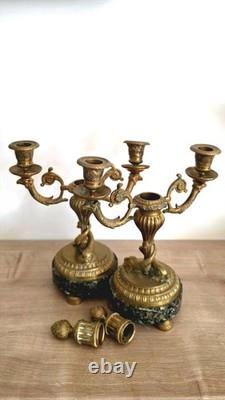 Paire de candélabres bronze XIXe Napoléon III -Marbre vert -Style Louis XVI 26cm