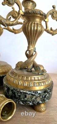 Paire de candélabres bronze XIXe Napoléon III -Marbre vert -Style Louis XVI 26cm