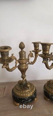 Paire de candélabres bronze XIXe Napoléon III -Marbre vert -Style Louis XVI 26cm