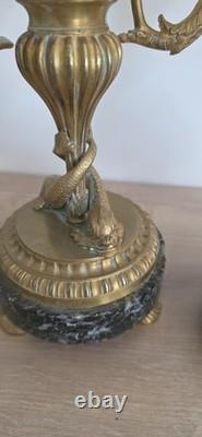 Paire de candélabres bronze XIXe Napoléon III -Marbre vert -Style Louis XVI 26cm