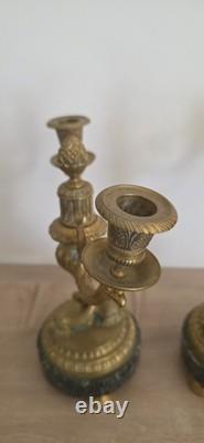 Paire de candélabres bronze XIXe Napoléon III -Marbre vert -Style Louis XVI 26cm
