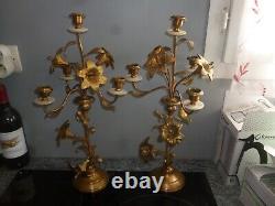 Paire de candélabres chandelier bougeoir d autel a 3 branches bronze laiton XIX