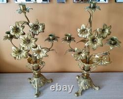 Paire de candélabres d'autel en bronze et laiton chandelier bougeoirs XIXème