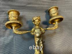 Paire de candélabres en bronze doré et marbre époque Napoléon III satyre
