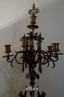 Paire de candélabres époque XIXème bronze doré et marbre rouge griotte 80 cm