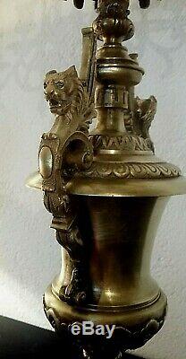 Paire de candélabres époque XIXème bronze doré et marbre rouge griotte 80 cm