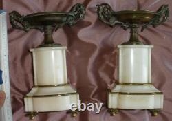 Paire de cassolettes Napoléon III bronze laiton & albâtre (manque 1 plaque)