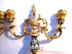 Paire de chandeliers Louis XV bougeoirs 2 feux, bronze et cloisonné Napoléon III