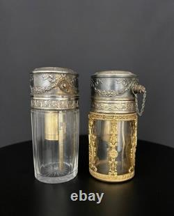 Paire de flacons vaporisateurs à parfum en cristal taillé et bronze doré