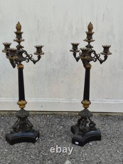 Paire de flambeaux bronze doré & marbre noir XIXe Napoléon III 66 cm
