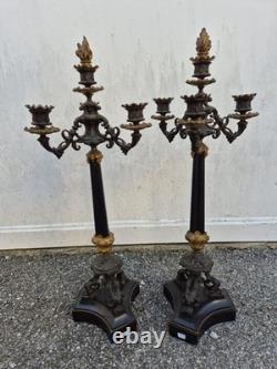 Paire de flambeaux bronze doré & marbre noir XIXe Napoléon III 66 cm