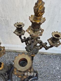 Paire de flambeaux bronze doré & marbre noir XIXe Napoléon III 66 cm