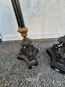 Paire de flambeaux bronze doré & marbre noir XIXe Napoléon III 66 cm