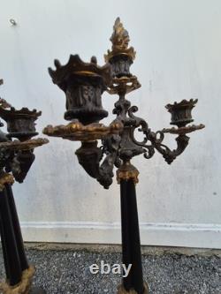 Paire de flambeaux bronze doré & marbre noir XIXe Napoléon III 66 cm