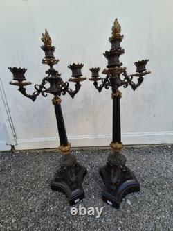 Paire de flambeaux bronze doré & marbre noir XIXe Napoléon III 66 cm