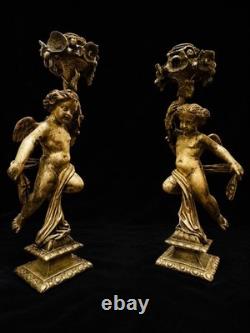 Paire de grands bougeoirs aux putti en bronze doré XIXe 33 cm 4 kg