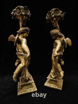 Paire de grands bougeoirs aux putti en bronze doré XIXe 33 cm 4 kg