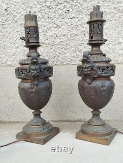 Paire de lampe à huile bronze satyre FAUNE électrifié empire Napoléon III LAMP