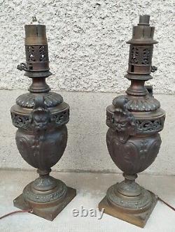 Paire de lampe à huile bronze satyre FAUNE électrifié empire Napoléon III LAMP