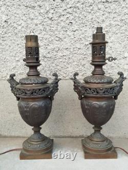 Paire de lampe à huile bronze satyre FAUNE électrifié empire Napoléon III LAMP