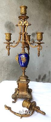 Paire grand chandelier BRONZE doré et SEVRES 19ème (décor Marine) 49,5 cm