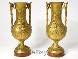 Paire vases bronze doré F. Barbedienne musicien bergère lézard marbre XIXè